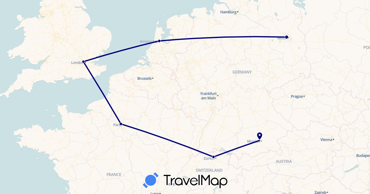 TravelMap itinerary: driving in Switzerland, Germany, France, United Kingdom, Netherlands (Europe)